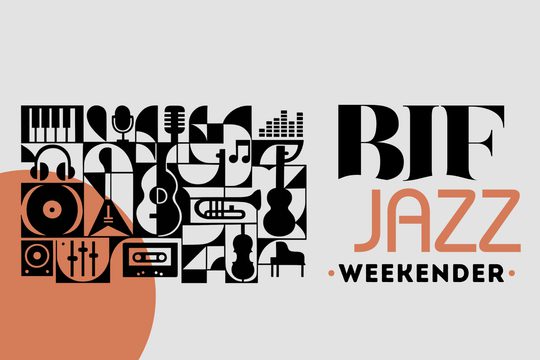 A collage of black and white drawings of different musical instruments and music-related items, such as microphones, headphones, and vinyl records.