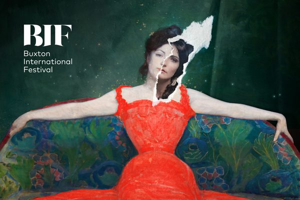 A painting of a woman in a red dress on a green background. Part of her face has been torn off and replaced with the face of another woman.