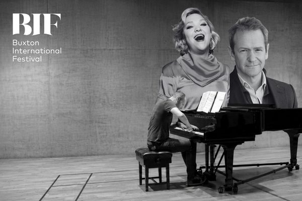 Black and white image of a man playing a piano in a room with blank walls. Two larger images of a man smiling and a woman singing.