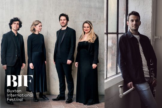 Two images next to each other. The image on the left shows two white, brunette men and two blonde, white women wearing all black. The image on the right shows a white, brunette man wearing jeans, a white t-shirt and a jacket. He is standing next to a window and holding a clarinet.