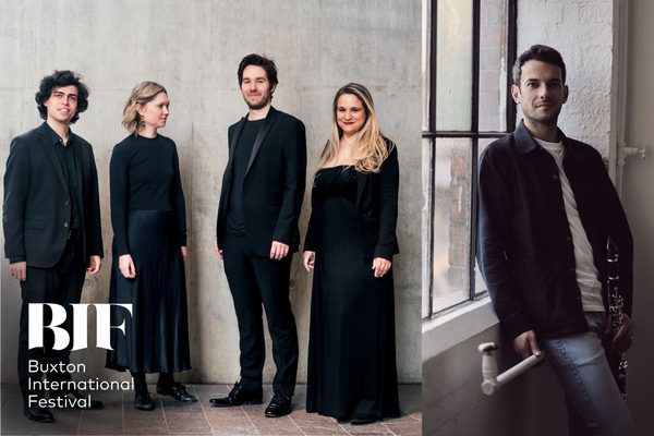 Two images next to each other. The image on the left shows two white, brunette men and two blonde, white women wearing all black. The image on the right shows a white, brunette man wearing jeans, a white t-shirt and a jacket. He is standing next to a window and holding a clarinet.