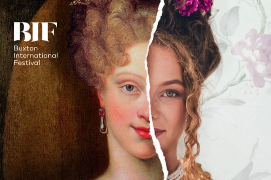The left hand side of the image shows an old painting of a woman with a large earring in, and her blonde hair on top of her head. The right hand side shows a photograph of a woman who looks very similar in modern make up.