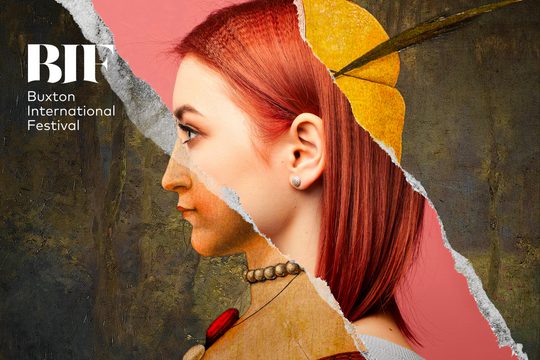 A painting of a woman in a yellow hat. The middle of the painting has been ripped out to show a photograph of the same woman in modern make up and jewellery.