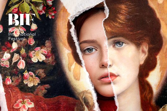 A drawing of woman with ginger hair standing next to some flowers. The middle section of the drawing is ripped, and replaced with a photograph of the same woman.