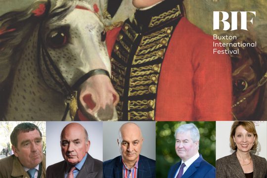 Six people, four men in shirts and ties and a woman with chin-length brown hair against a painting of a white horse and soldier.