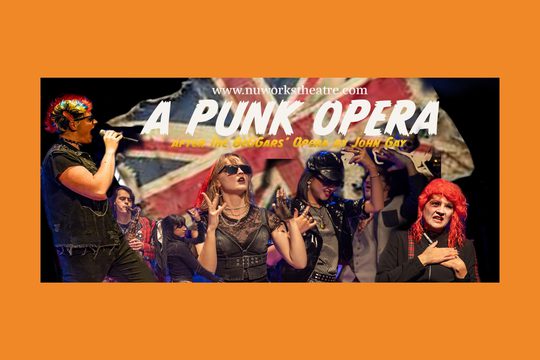 A collection of images of performers wearing black clothes, coloured wigs, and sunglasses. They are standing in front of a Union Jack flag.