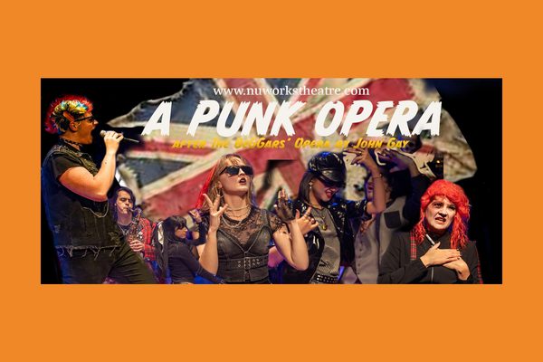 A collection of images of performers wearing black clothes, coloured wigs, and sunglasses. They are standing in front of a Union Jack flag.