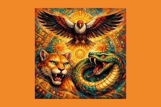 A red, gold, and teal digital image of a lion, snake, and eagle.