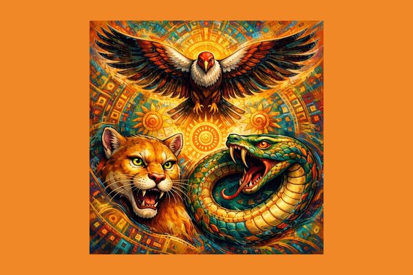 A red, gold, and teal digital image of a lion, snake, and eagle.