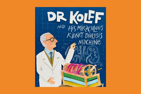 Cartoon of an older male scientist with brown glasses and a white lab coat drawing with chalk.