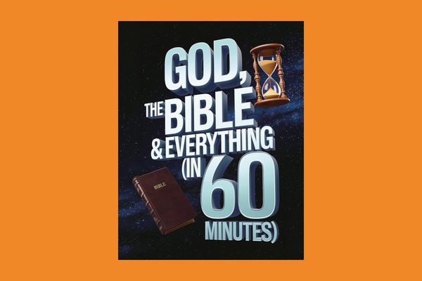 A starry background with a brown book and an hourglass. White text: God, The Bible, and Everything in 60 minutes.