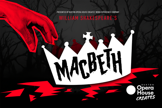 A red hand reaching for a white crown with black text that says Macbeth.
