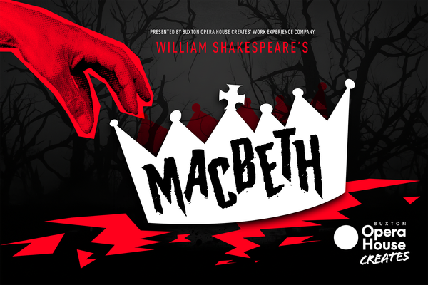 A red hand reaching for a white crown with black text that says Macbeth.
