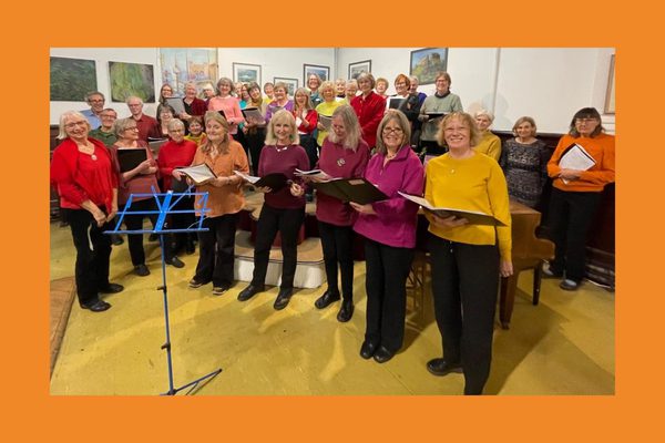 A community choir wearing colourful tops smile at the camera.
