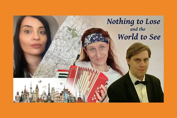 A collage of various images. A brunette woman wearing a wide-brimmed hat, a map, major sights from around the world including the eiffel tower and big ben, a woman playing an accordion, and a man in a black suit.