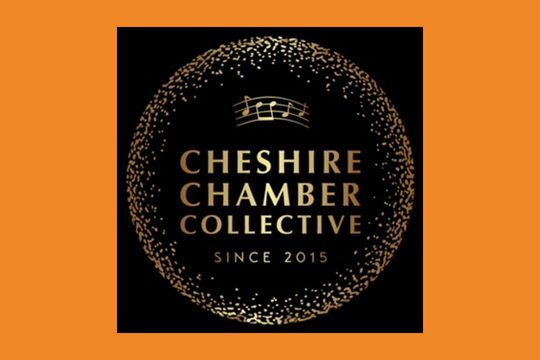 A black background with a gold circle and text: Cheshire Chamber Collective since 2015.