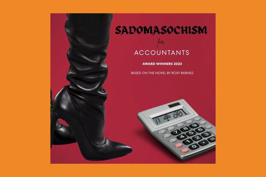 A red background with a pair of leather high-heeled boots and a calculator.