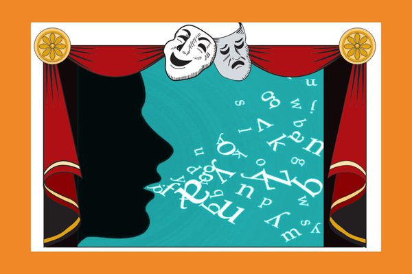 A cartoon stage with the silhouette of a person with a jumble of letters coming out of their mouth.