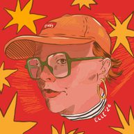 An illustrated woman wearing a cap and green glasses on a red background with yellow stars.