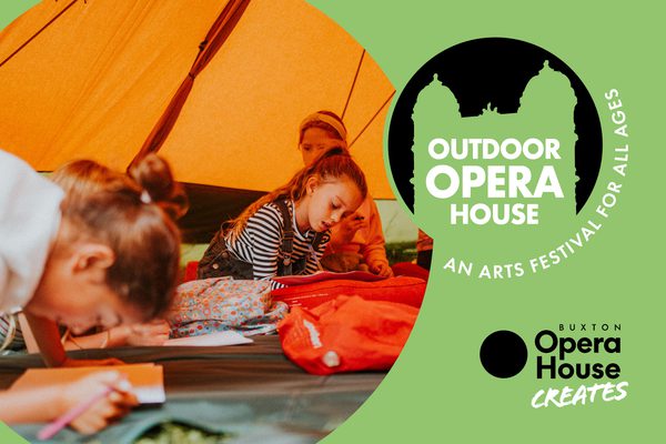 Children in an orange tent writing on paper. Outdoor Opera House logo and Buxton Opera House Creates logo.