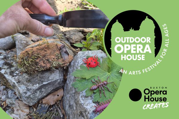 Plastic bugs on a rock with someone holding a magnifying glass over them. Outdoor Opera House logo and Buxton Opera House Creates logo.