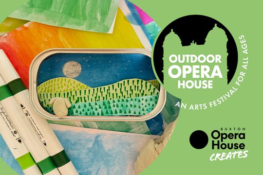 Crafting materials and a small landscape made of paper. Outdoor Opera House logo and Buxton Opera House Creates logo.