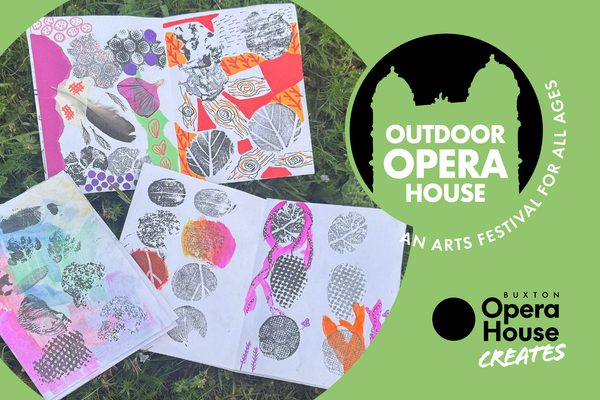 Three notebooks with colourful doodles. Outdoor Opera House logo and Buxton Opera House Creates logo.