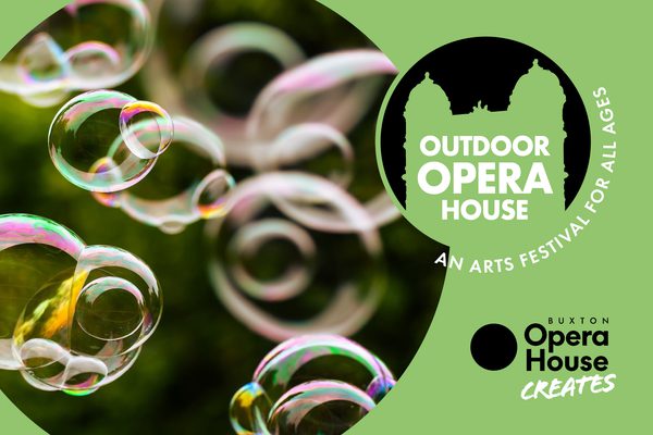 Bubbles catching the light and creating pink and green colours on the surface. Outdoor Opera House logo and Buxton Opera House Creates logo.