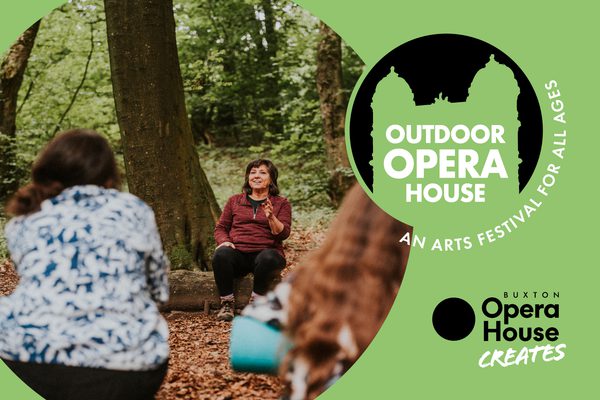 Participants with yoga mats sitting on logs in a forest. Outdoor Opera House logo and Buxton Opera House logo.