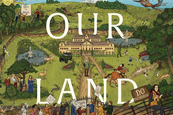 An illustration of a manor house with various animals and landscapes around it. Text in white: Our Land.