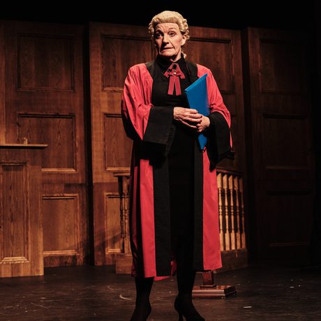 A woman dressed as a judge in a red robe and wig.