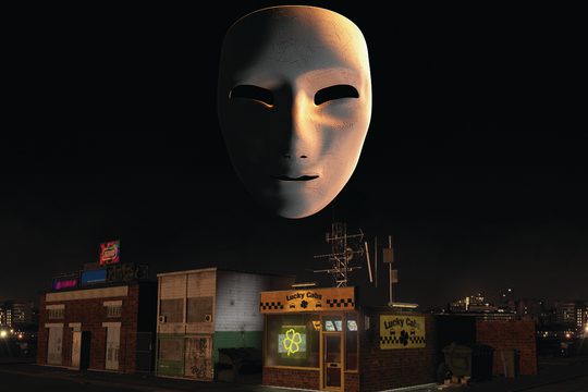 A row of shops on a dark street. In the foreground is a creepy white mask.