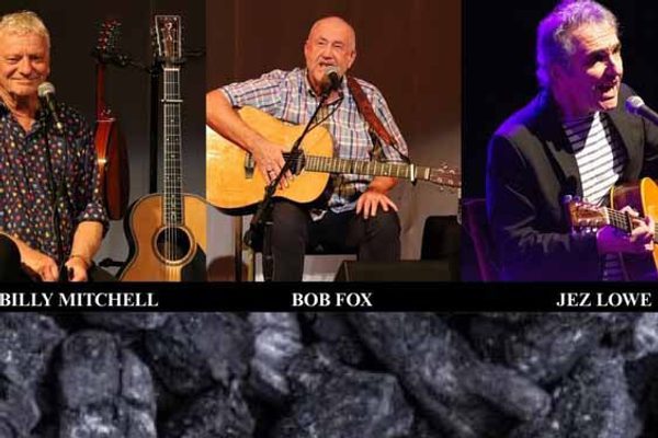 A collage of images of Billy Mitchell, Bob Fox, and Jez Lowe playing the guitar.