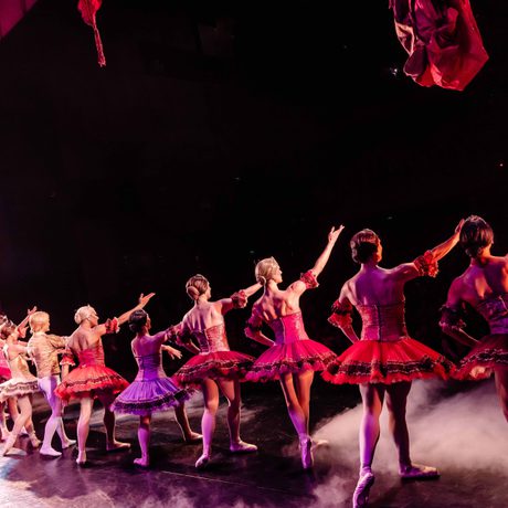 A line of ballet dancers wearing pink tutus. The image is taken from behind, and there are red curtains around the stage.