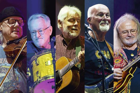 A collage of images of men playing various folk instruments.