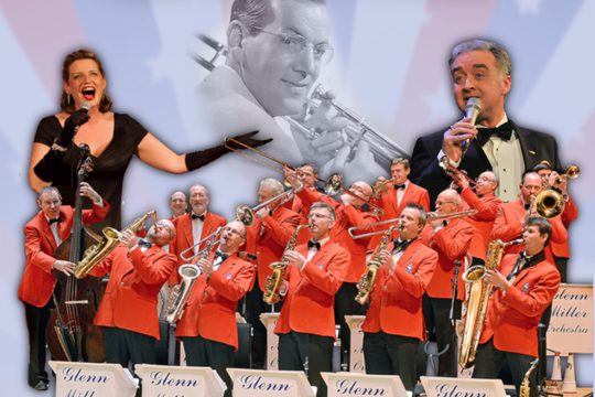 Show graphing with image of Glenn Miller and the orchestra dressed in red jackets