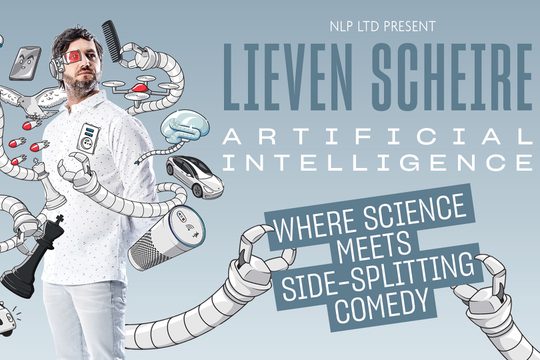 A man in a white shirt surrounded by cartoon technology such as a drone, a car, and robot arms.