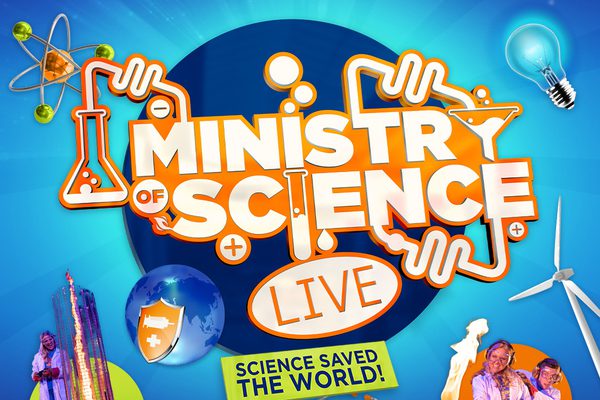 Text that reads "Ministry of Science Live" on a blue background, surrounded by images of science experiments.