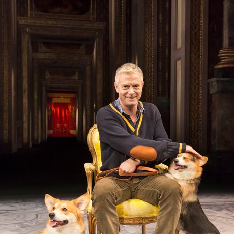 A man in a blue and yellow jumper cuddles two corgi dogs.