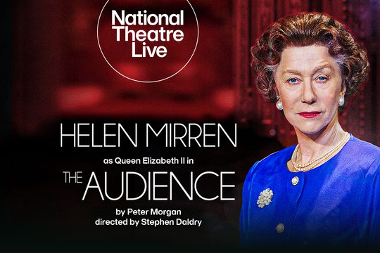 A woman in a blue suit and large pearl earrings looks sternly at the camera. The background is red.