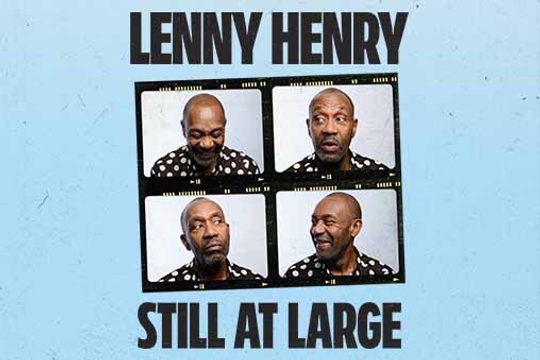 Four images of Lenny Henry in a black and white spotty shirt. He is pulling different faces in each picture.
