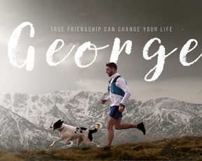 A man and a dog running with beautiful mountains behind them.