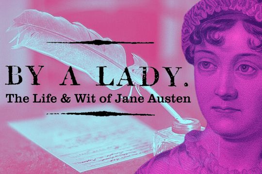 Jane Austen next to a quill, ink pot and paper. The whole image has a pink hue to it.