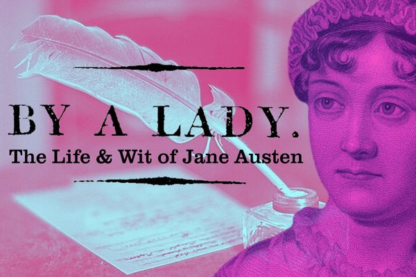 Jane Austen next to a quill, ink pot and paper. The whole image has a pink hue to it.