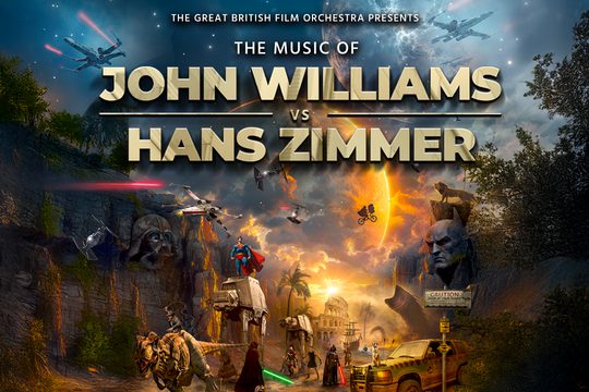 A scene of a rocky landscape with various fil characters including superman and Darth Vader, as well as items from films such as a pirate ship and dinosaur.