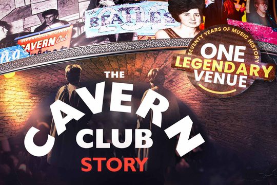 Two men stand in a tunnel looking a collage of gig posters.