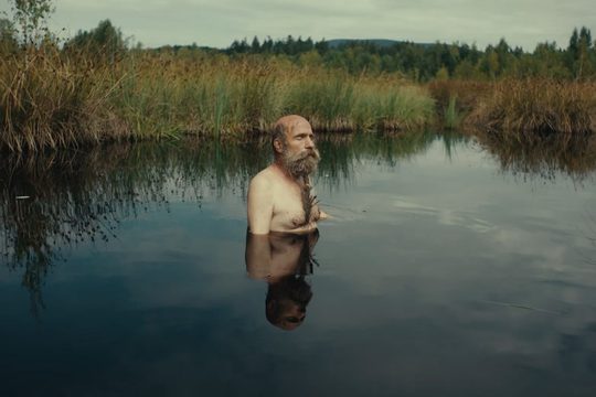A man with a large beard in a lake surrounded by tall grass.