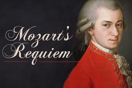 A picture of Mozart, a man in a red jacket, white shirt, and white curly wig. Text: Mozart's Requiem.