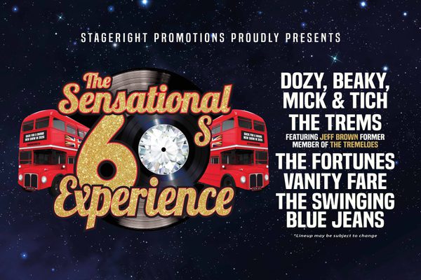 The title of the show in gold glittery writing. It is in front of a vinyl record and two red double decker buses.