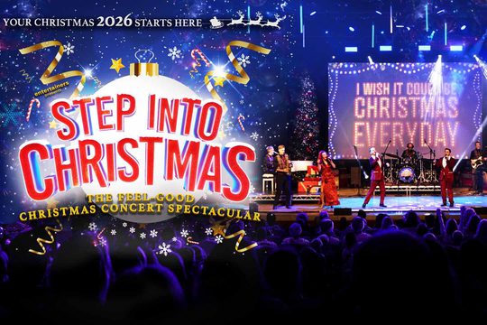 Performers wearing red singing on a stage. Text: Step Into Christmas, the feel good Christmas concert spectacular.